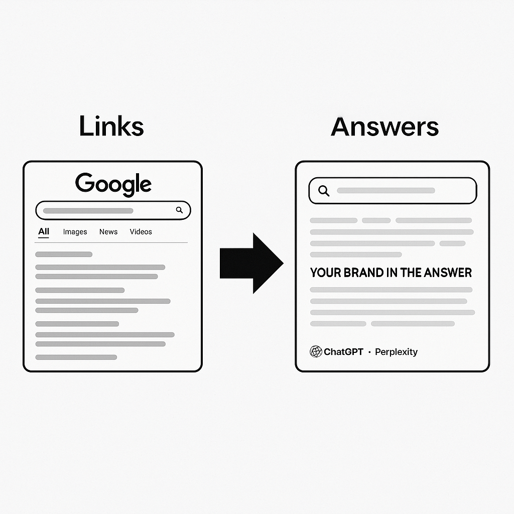 Traditional Google search showing links vs AI search providing direct answers with your brand featured